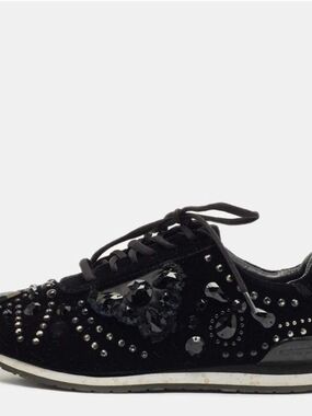 Tory Burch Black Velvet Crystal-Embellished Lace-Up Sneaker